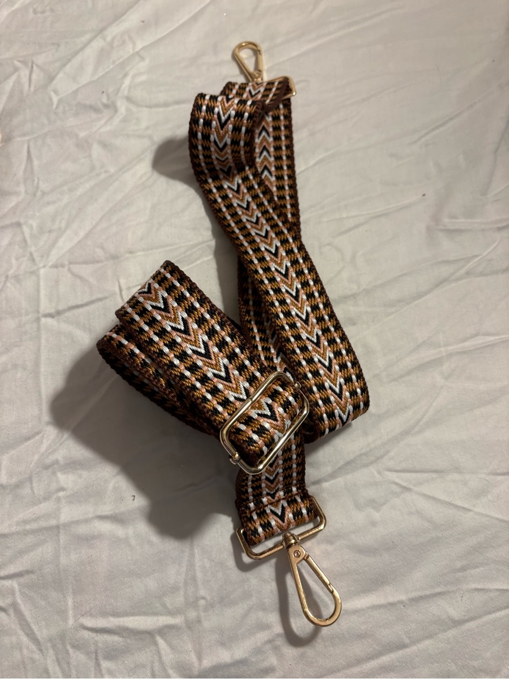 Adjustable Brown Chevron Bag Strap with Gold Hardware